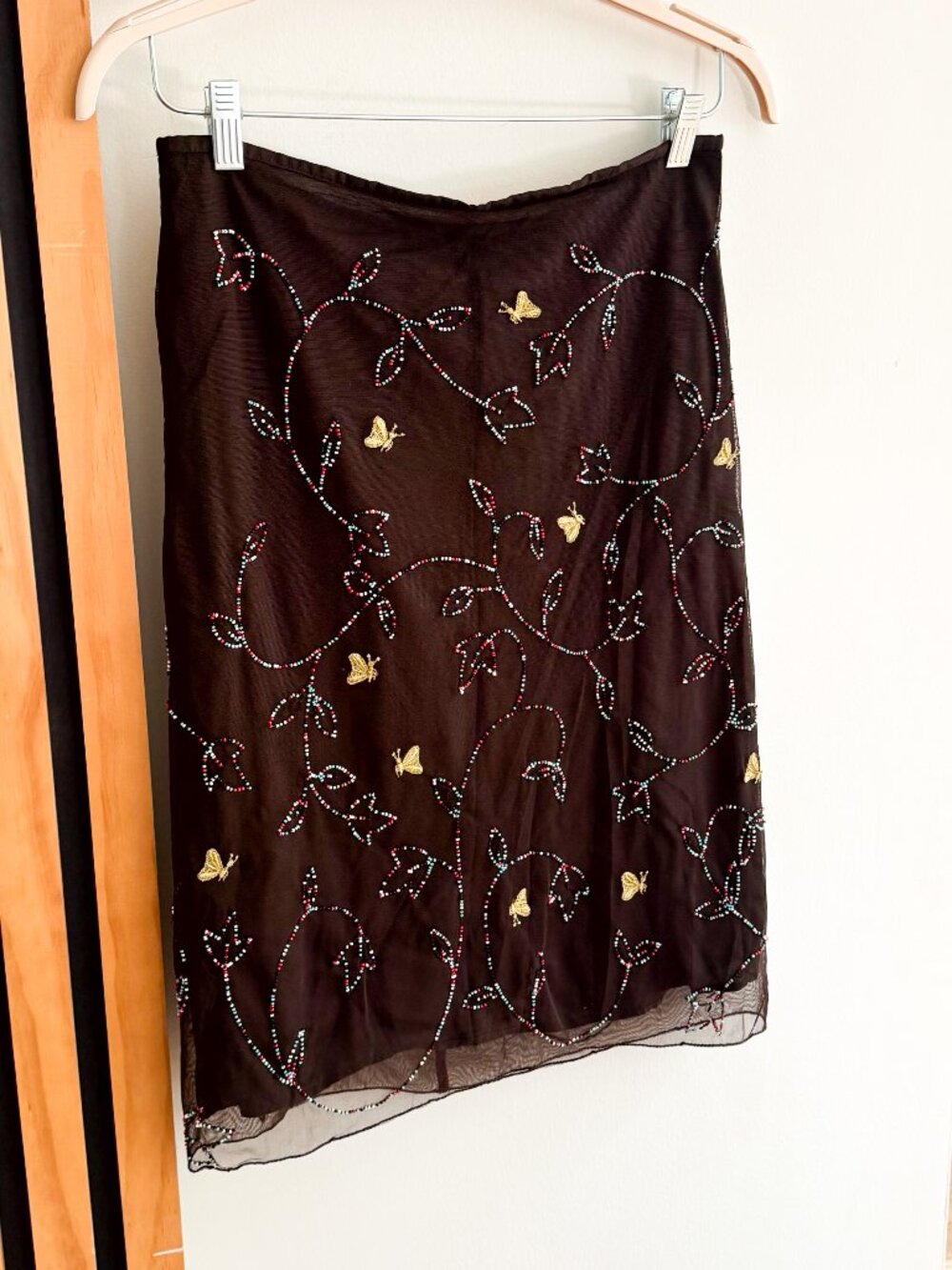 Y2K French Connection Beaded Butterfly Mesh Midi Skirt Brown (8)